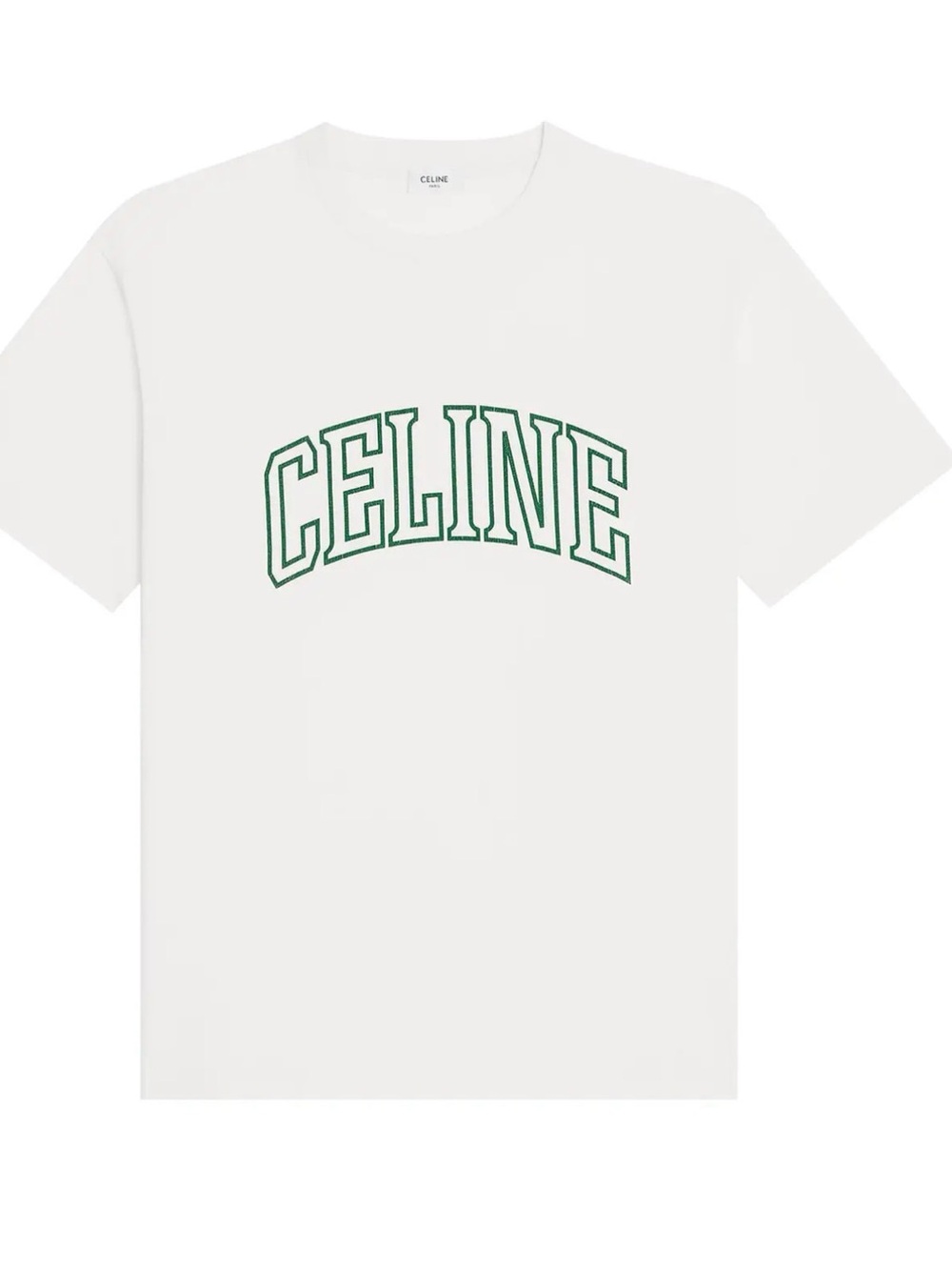 Celine White Tee with Green Arched Logo